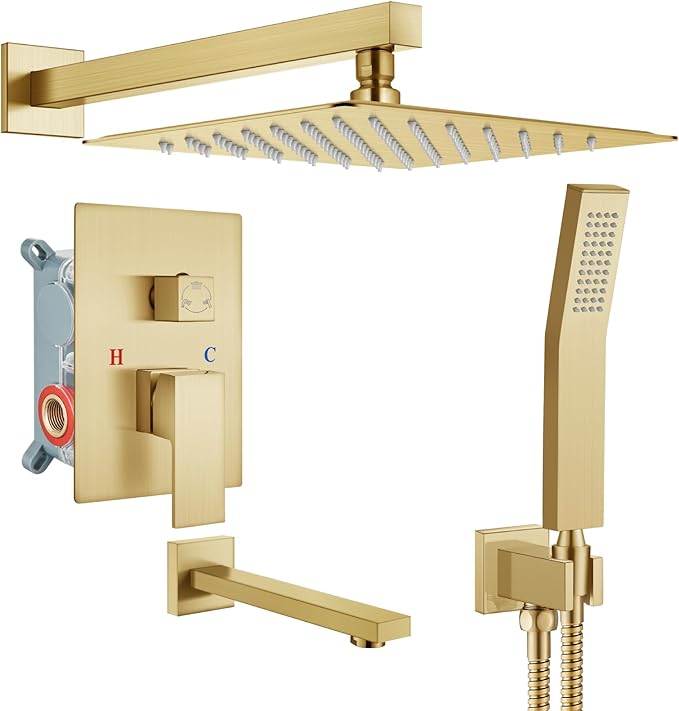 gotonovo Shower System with Tub Spout Wall Mounted Rain Shower Head and Handle Combo Shower Faucet Set with Valve, 10 Inch, Brushed Gold
