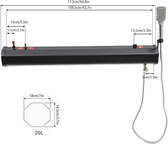 Portable Camping Shower Solar Portable Shower Water Tank for Camping Self-Pressurized Water Tank for SUV Overland Roof Rack 5.58ft Pipe 1.6bar 60℃/140℉ (20L)