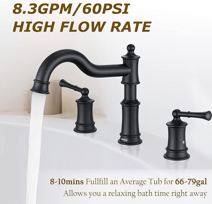 Roman Bathtub Faucet Deck Mount Tub Faucet for Bathroom Widespread Elegant Classic Spout with 3 Holes 2 Handle Valve Cartridge Included, Matte Black