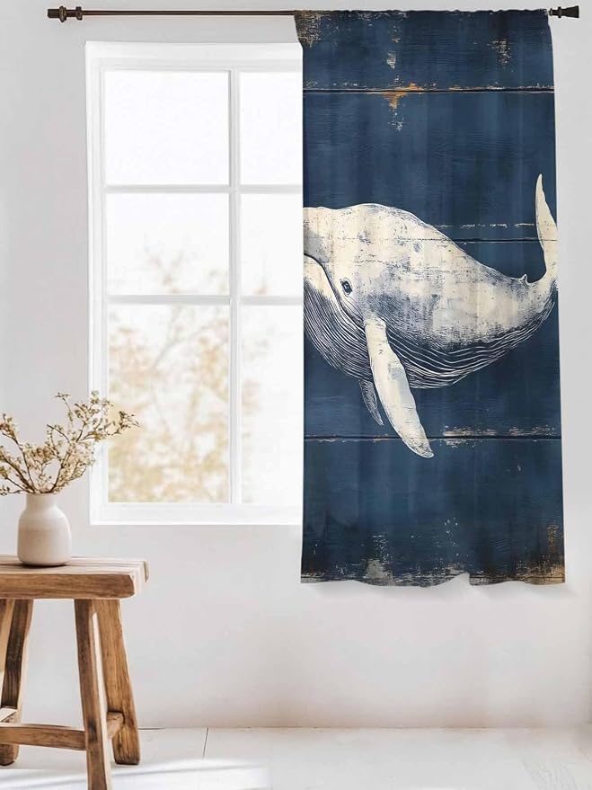 Sheer Curtains 72 Inches Long, Ocean Vintage Whale Semi Sheer Curtains Light - Image 3