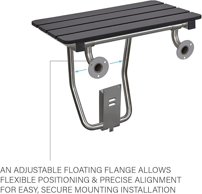 18-inch x 15-inch ADA Folding Wall Mount Bathroom Shower Seat Bench, Black Slatted Phenolic Seat