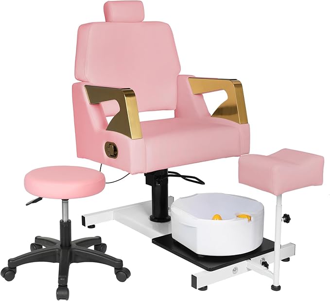 Reclining Pedicure Chair with Stool, Pedicure Station with Foot Massage Basin 360° Swivel Pedicure Chair Hydraulic Adjustable Height for Foot Spa Unit Station Pink