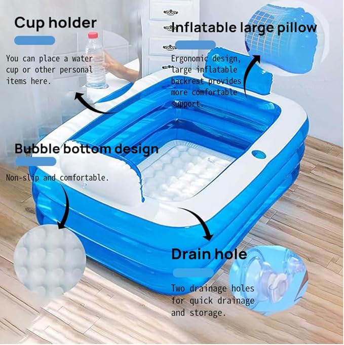 Double Inflatable Bathtub with Electric Air Pump and Bath Pillow Headrest, Portable Blow Up Bath Tub for Adults, Outdoor & Indoor Freestanding Foldable Spa Tub with Drainage Cup Holder