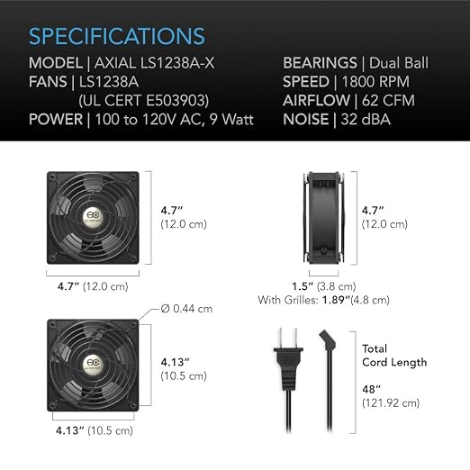 AC Infinity AXIAL LS1238, Quiet Muffin Fan, 120V AC 120mm x 38mm Low Speed - Image 6