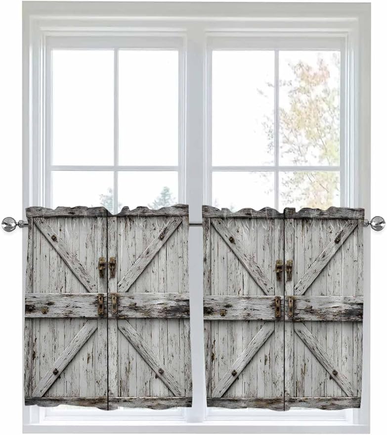 Vintage Gate Half Window Curtains 24 Inches Long, Farmhouse Wooden Grain Shabby by Unknown