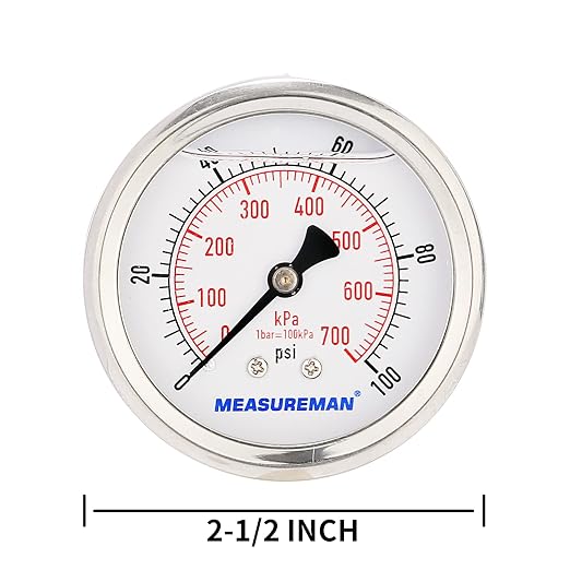 MEASUREMAN 2-1/2inch Dial Size, Glycerin Filled Pressure Gauge, 0-100psi/kpa - Image 5