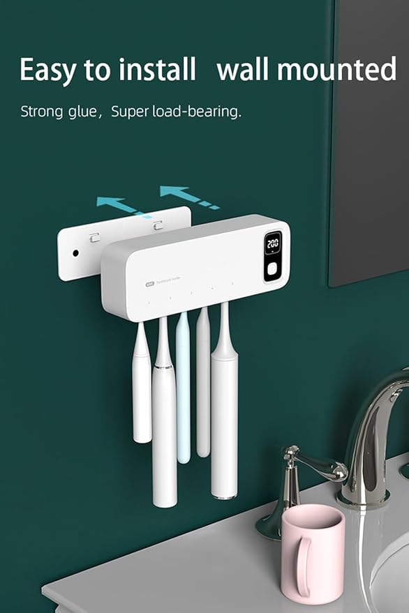 Toothbrush Cleaning Holder, Self Adhesive Toothbrush Cleaner, Timer Function, Toothbrush Sanitizer Bathroom Accessories
