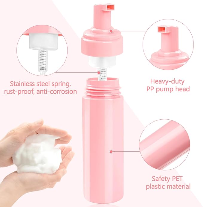 Foam Pump Bottle 6.8oz/200ml Pink Empty Foam Bottle Pump, Travel Foam Bottle for Soap, Shampoo, Cleaning Foam Dispenser Bottle Refillable (4 Pack)
