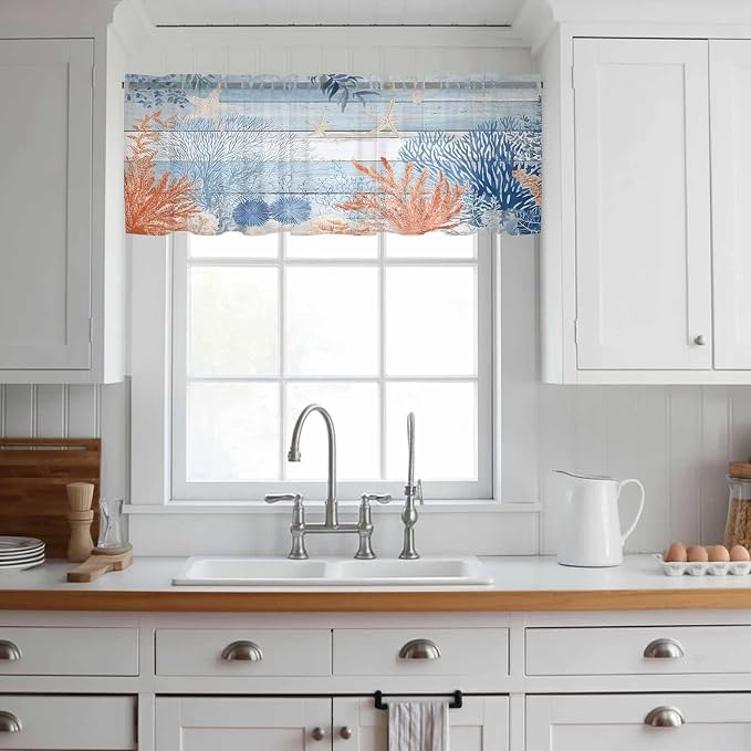 Ocean Corals Sheer Valance Curtains, Summer Beach Coral Sea Stars Blue Wood - Image 2