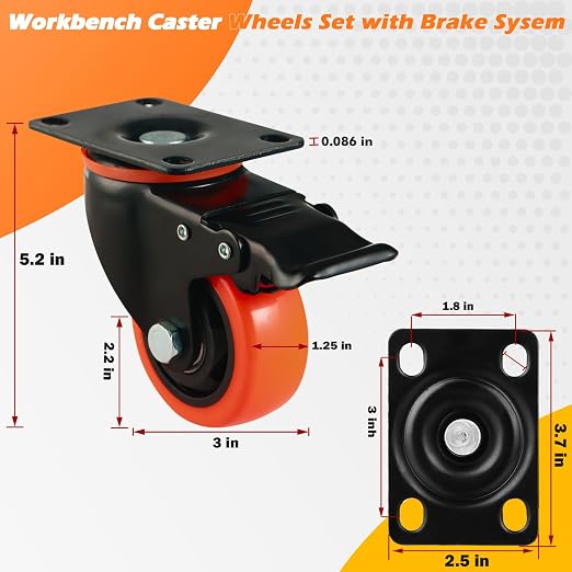 3" Casters Wheels Set of 4 Large Heavy-Duty Plate Casters Double Locking Castor - Image 4
