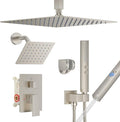 Rain Shower System Brushed Nickel Shower Faucet Set, Dual Rainfall Shower Head Set with 2 in 1 Handheld Spray, Ceiling Mount 12-inch & 6-inch Square Showerheads with Valve, Brushed Nickel