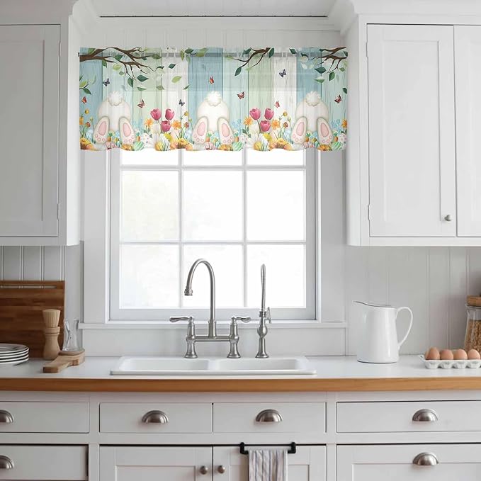 Easter Sheer Valances for Windows 60"x18", Light Filtering Kitchen Curtains - Image 3