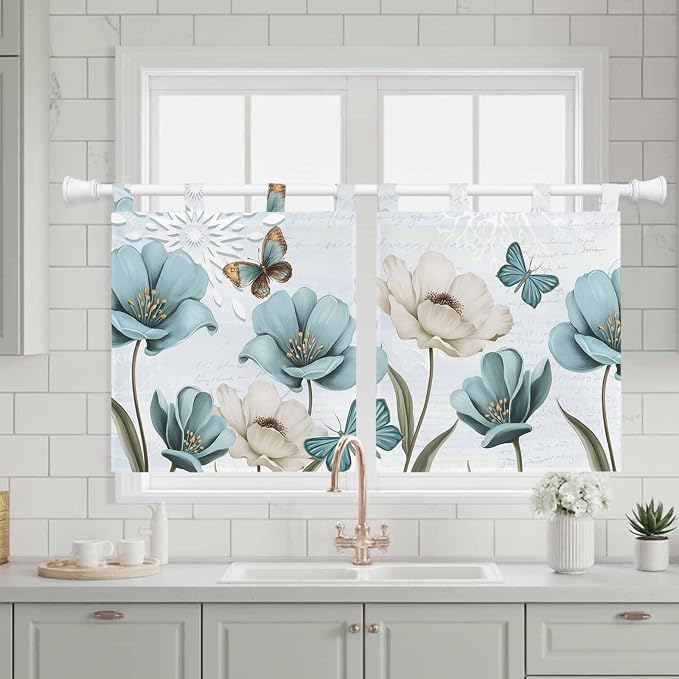 Blue Tulips Kitchen Curtains 24 Inch Length, Small Window Curtains Tab Top - Image 3
