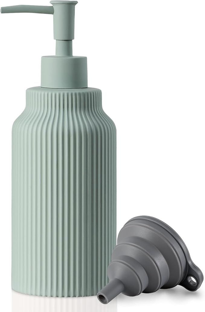 Modern Ceramic Soap Dispenser for Bathroom，14oz Ceramic Soft Touch Hand Lotion Dispenser with Pump，Liquid soap Dispenser for Kitchen Rubber Paint (Green)