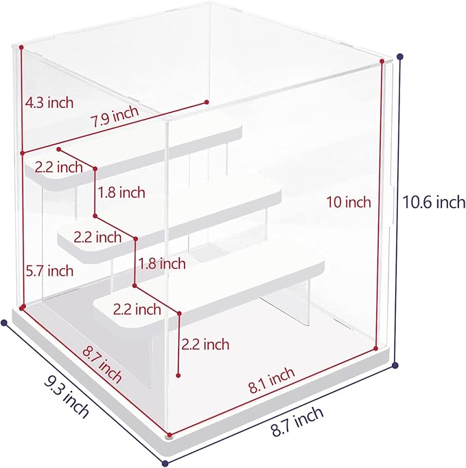 Choowin 4 Tier Small Clear Acrylic Display Case for Collectibles, Mini Figures, Pop Mart, Labubu, Sonny Angel, Smiski - Assemble Dustproof Acrylic Display Box with Door, Stand (White Base Step)