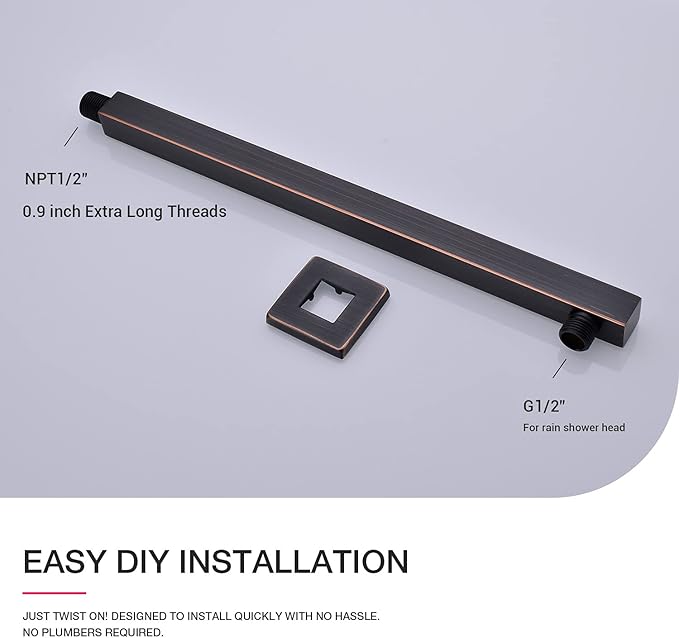Square Shower Arm with Flange 16 Inch Wall Mounted Rainfall Shower Head Extension Arm for Low Profile Bathroom, Stainless Steel, Oil Rubbed Bronze