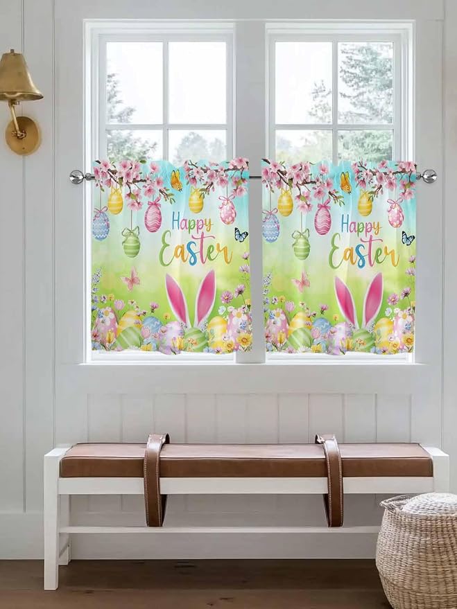 Easter Half Window Curtains 24 Inches Long, Spring Bunny Colorful Rabbit Eggs - Image 4