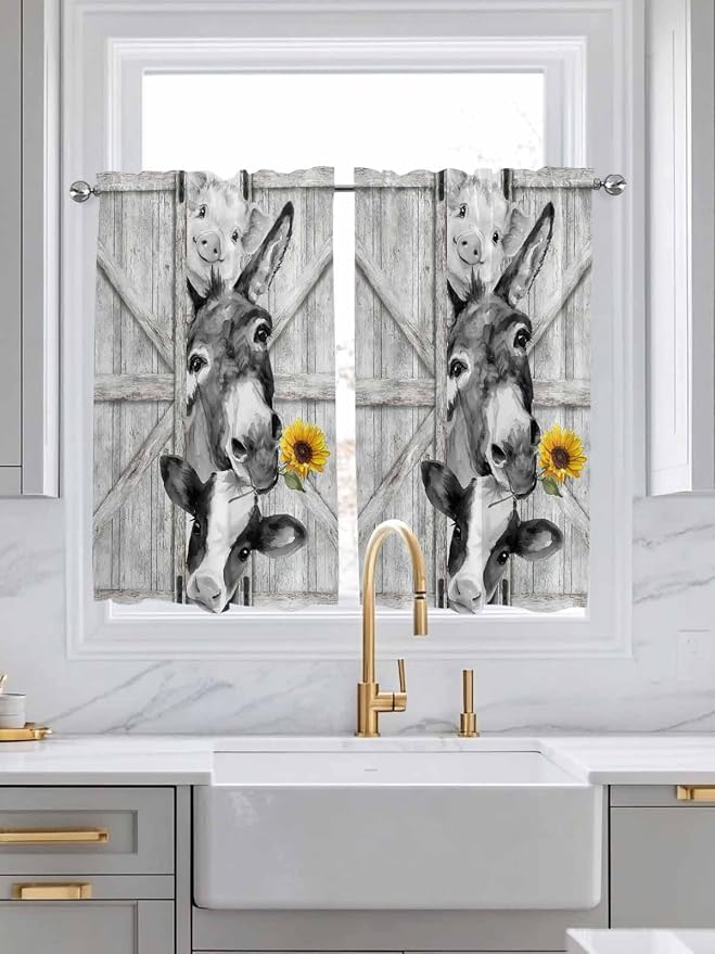 Grey Farmhouse Kitchen Curtains 54 Inches Length, Vintage Sunflowers Animals - Image 3