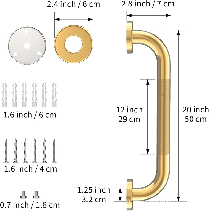 20 Inch Anti Slip Shower Grab Bar Gold, Munzong 2 Pack Bathroom Grab Bar, Knurled Bathroom Balance Bar,Safety Hand Rail Support Handicap Elderly Injury Senior Assist Bath Handle