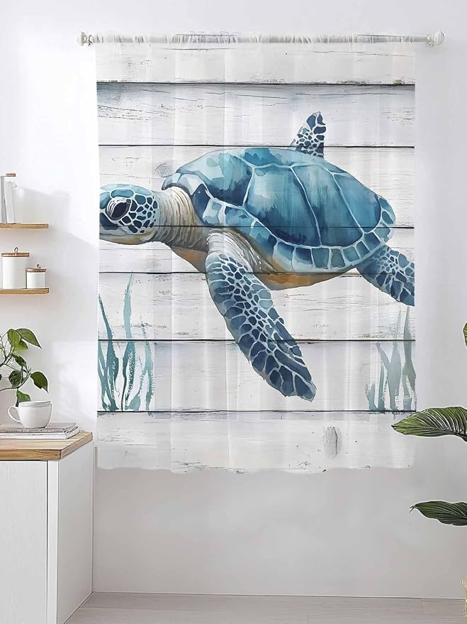 Sheer Curtains 63 Inch Length, Sea Turtle Blue Semi Sheer Curtains Light - Image 2
