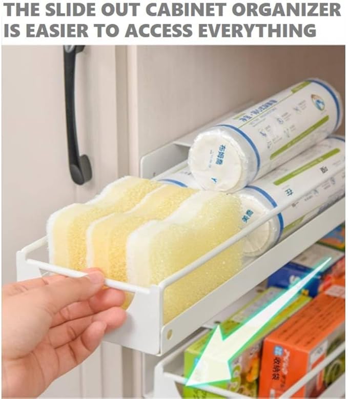 Under Sink Organizer Sliding Storage Rack for Kitchen & Bathroom, Space-Saving Pull-Out Storage for Bottles, Spices, Cleaning Supplies Adjustable Under Cabinet Organizer Durable Metal Shelf, White