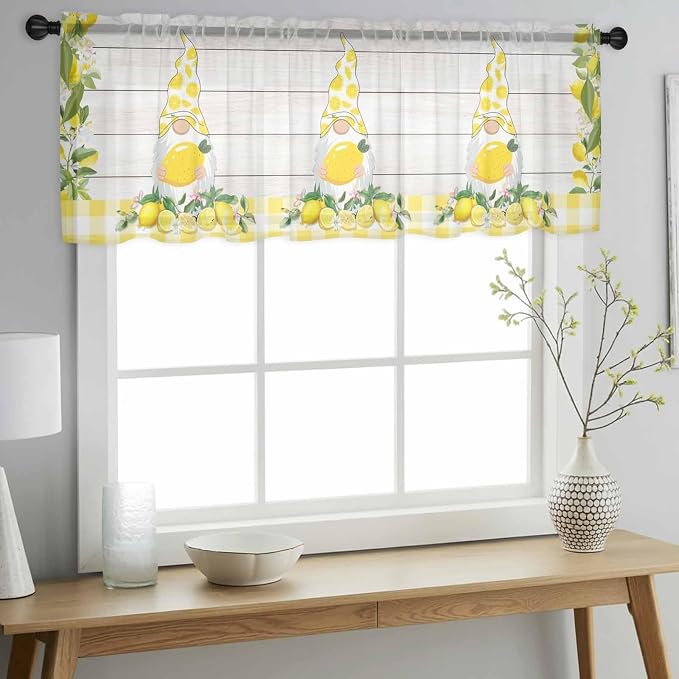Lemon Dwarfs Sheer Valance Curtains, Gnome Green Leaf Wood Striped Yellow Plaid - Image 3