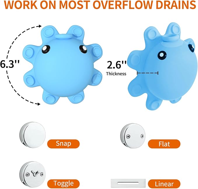 Bathtub Overflow Drain Cover - Tub Soak Bath Cover, Adds Inches of Water for Deeper Bath (Blue)