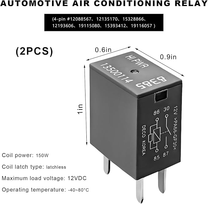 2 PCS Car Air Conditioning Relay, 13500114/8385 12VDC 40A 4-Pin Fuse Box Relays - Image 2