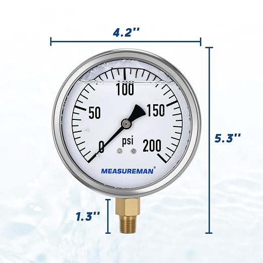 MEASUREMAN Glycerin Filled Plumbing Pressure Gauge 0-200psi Stainless Steel Case - Image 6