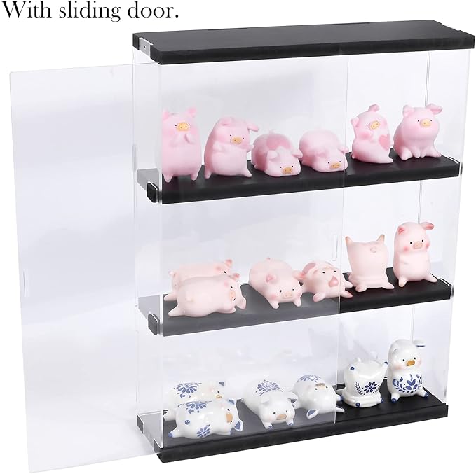 Choowin 3 Layer Wall Shelf Clear Acrylic Display Case for Collectibles, Mini Figures, Pop Mart, Labubu, Sonny Angel, Smiski - Assemble Dustproof Acrylic Display Box with Sliding Door (Black)