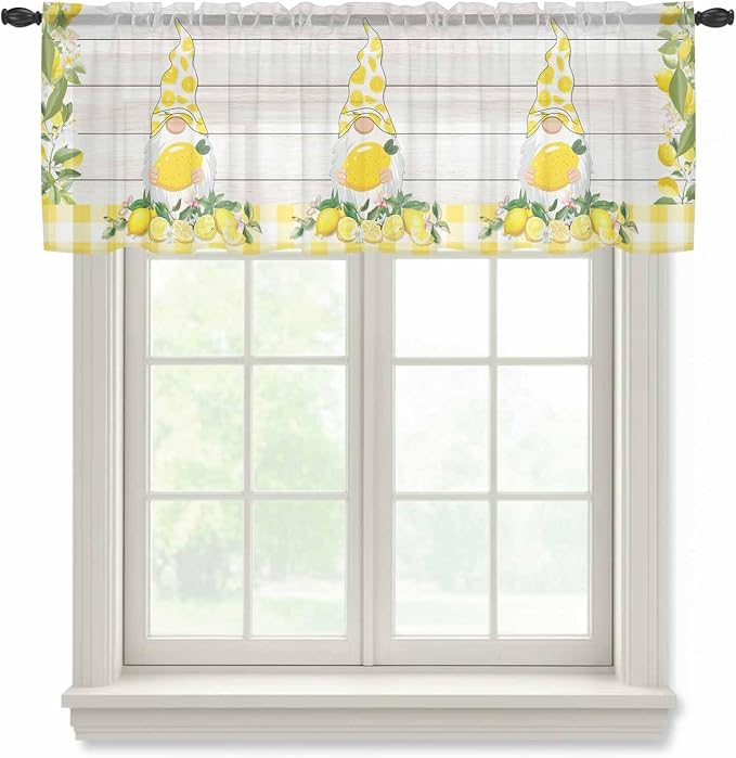 Lemon Dwarfs Sheer Valance Curtains, Gnome Green Leaf Wood Striped Yellow Plaid by Houseown