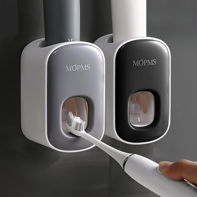 MOPMS Toothpaste Dispenser Wall Mounted for Bathroom Automatic Toothpaste Squeezer for Kids and Adult (Grey and Black)