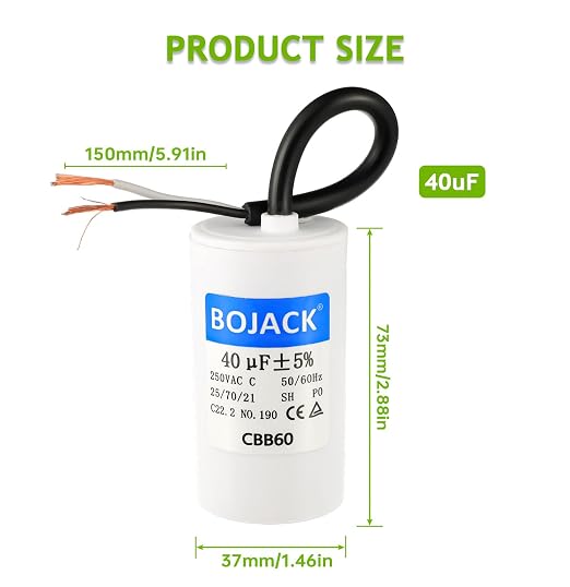 BOJACK Run Capacitor 40 uF MFD 250V AC 40 MFD CBB60 2 Wire 50/60Hz Cylinder - Image 2
