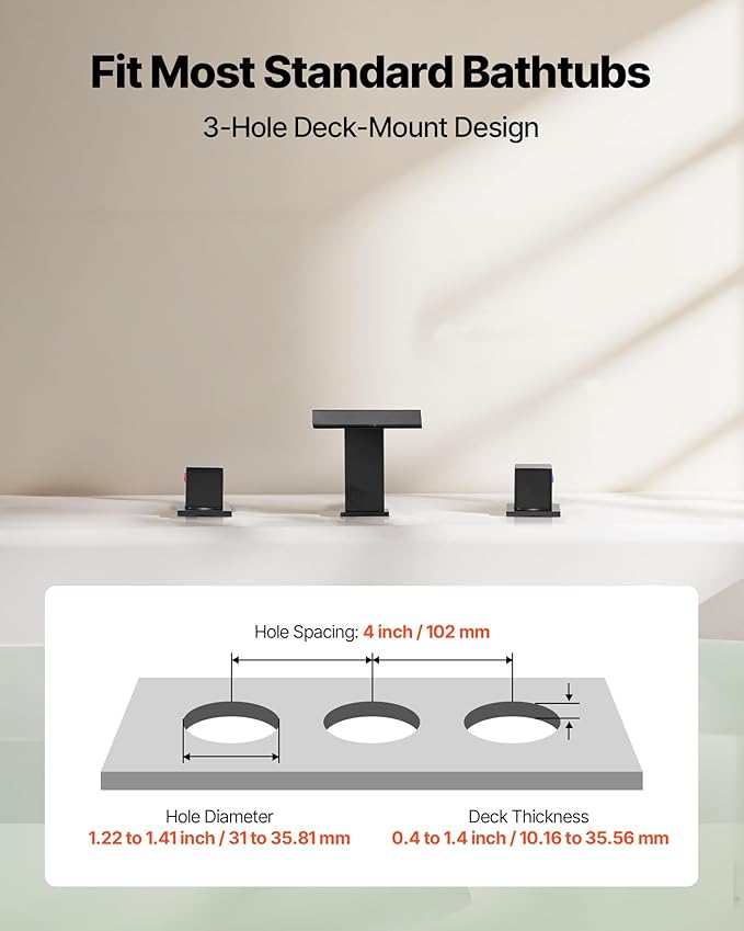 VEVOR Roman Tub Faucet, 3 Hole Waterfall Bathtub Faucet, Roman Bathtub Faucets Set with 2 Handles, Deck Mount Bath Tub Faucets Set for Pet Washing, Baby Care, Adult Bathing, Matte Black, Drip-Free