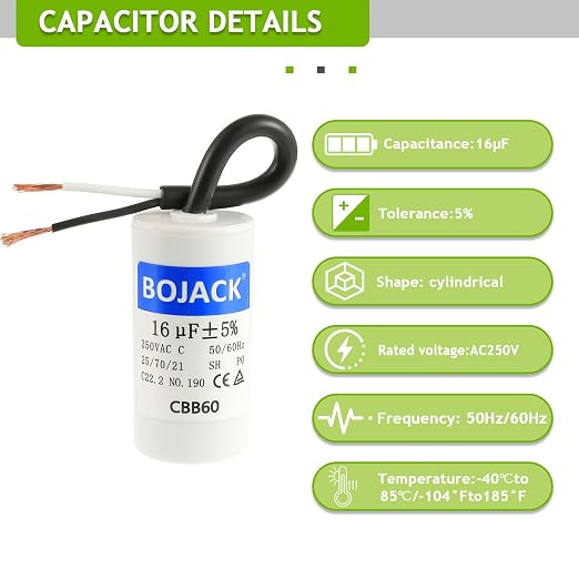 BOJACK Run Capacitor 16 uF 250V AC 16 MFD CBB60 2 Wire 50/60Hz Cylinder Motor - Image 3