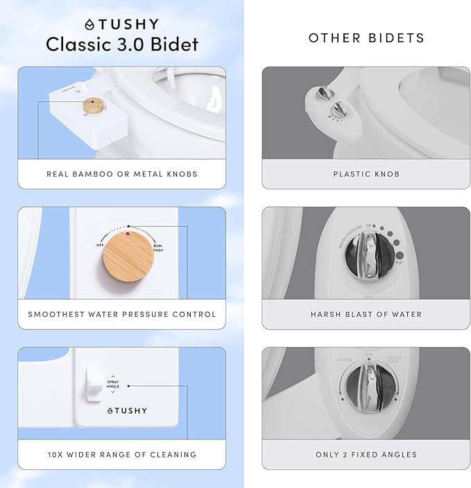 TUSHY Classic 3.0 Bidet Toilet Seat Attachment - A Non-Electric Self Cleaning Water Sprayer with Adjustable Water Pressure Nozzle, Angle Control & Easy Home Installation (Bamboo Knob)