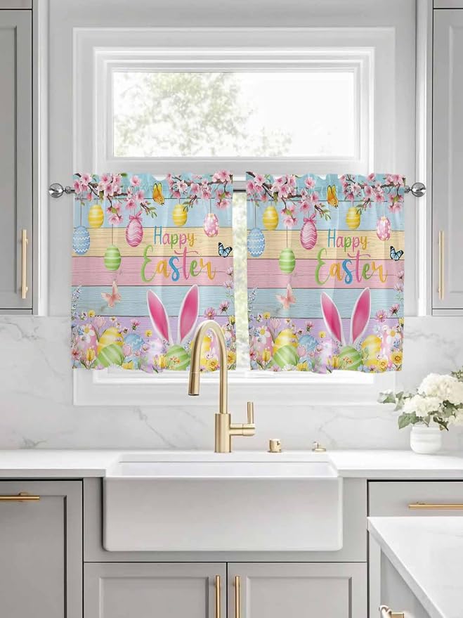 Colorful Easter Half Window Curtain 36 Inches Long, Spring Watercolor Bunny Egg - Image 3