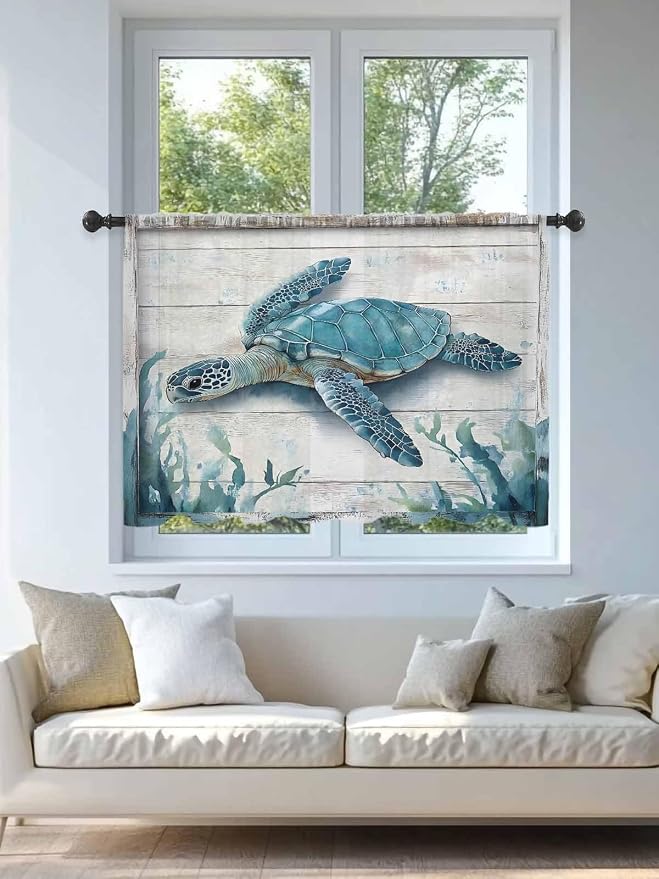 Sheer Curtains 45 Inch Length, Teal Green Sea Turtle Semi Sheer Curtains Light - Image 4
