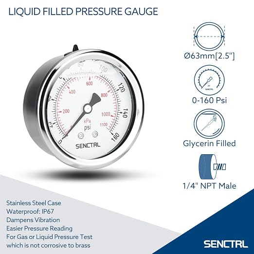 SENCTRL 0-160 Psi Glycerin Liquid Filled Air Pressure Gauge, 2.5" Dial Size - Image 2