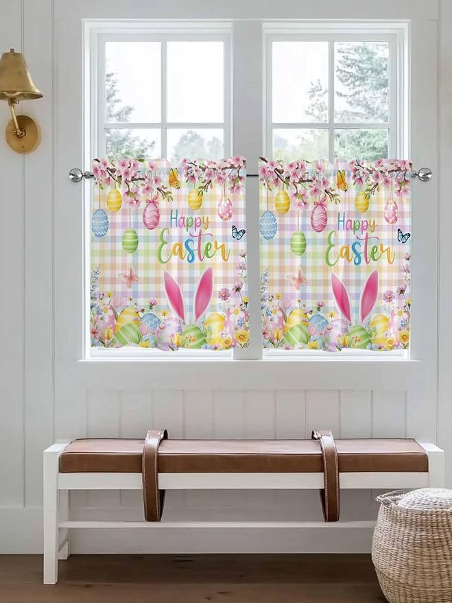 Happy Easter Half Window Curtains 24 Inches Long, Spring Bunny Colorful Eggs - Image 4