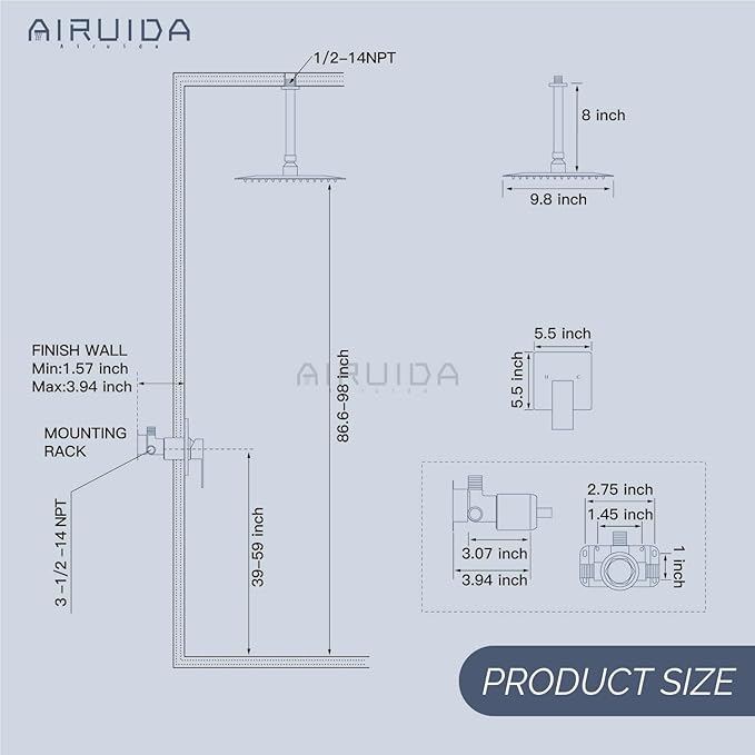 Airuida Shower Faucet Set and Handle Set Single Function Shower Trim Kit Ceiling Mount Rainfall Shower System with Male Threads and Rough-in Valve 10 Inch Square Shower Head Chrome Polish