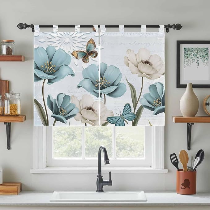 Blue Tulips Kitchen Curtains 45 Inch Length, Short Cafe Window Curtains Tab Top - Image 3