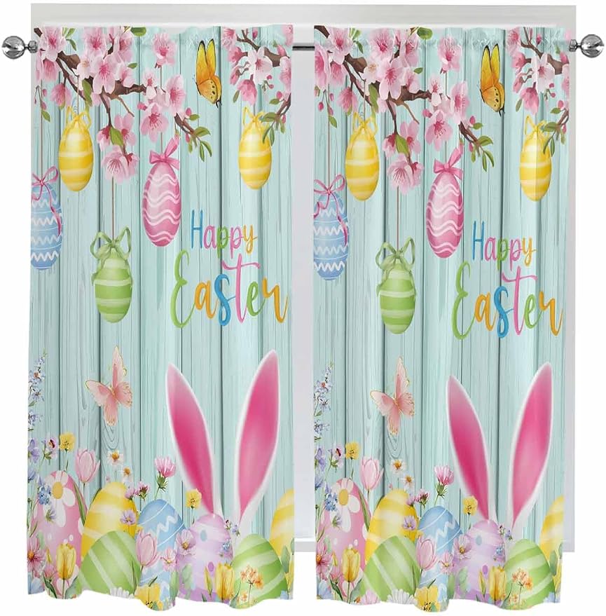 Happy Easter Bedroom Curtains 63 Inches length, Spring Bunny Eggs Flower Teal by Unknown