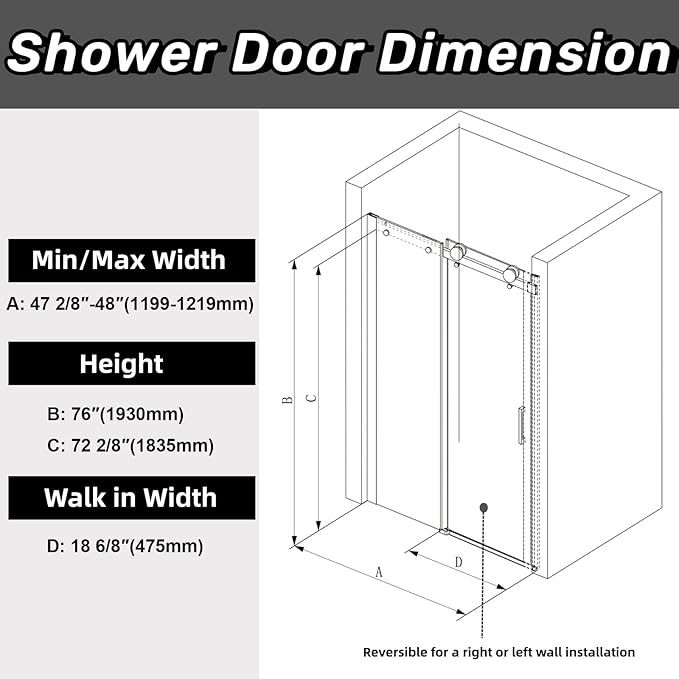 Sunrosa Semi-Frameless Glass Shower Door, 47 2/8" -48" W x 76" H Single Sliding Shower Door, Shower Door with Tempered Glass 5/16"(8mm), Brushed Gold