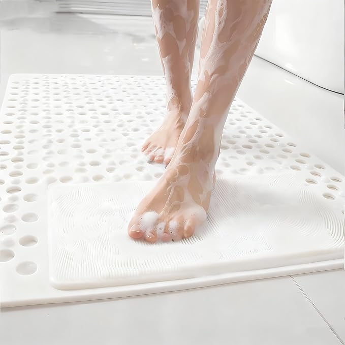 Bath Tub Shower Mat with Soft Shower Foot Scrubber Mat for Massage,Non Slip Bathtub Mat with Strong Suction Cups, Silicone Shower Foot Scrubber Mat (White, 27.5" X 15.7"(Rectangular))