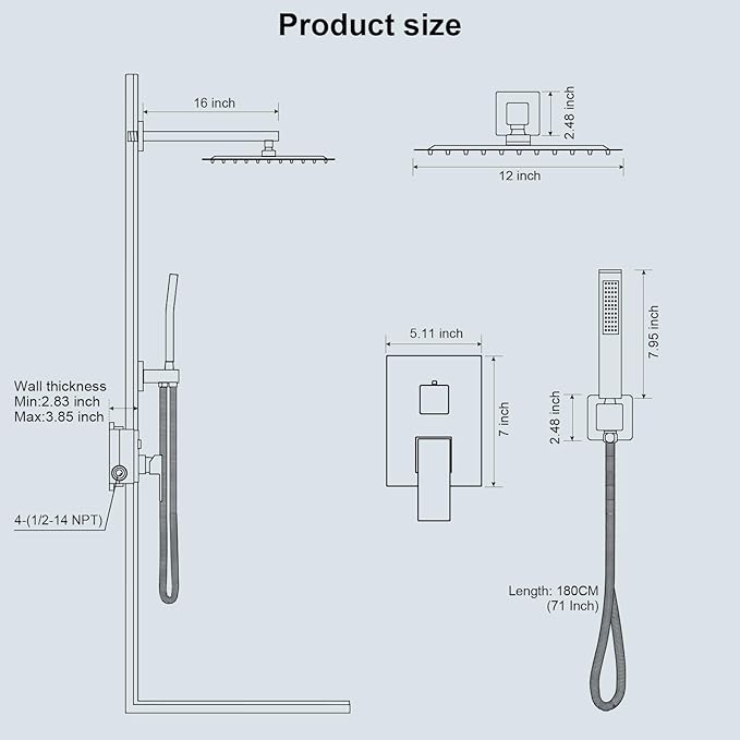 Black Shower System, Shower Faucet Set Bathroom Square Rain Shower Head and Handle Set, Wall Mounted Shower Fixtures With Shower Valve and Trim Kit 10 inch Matte Black