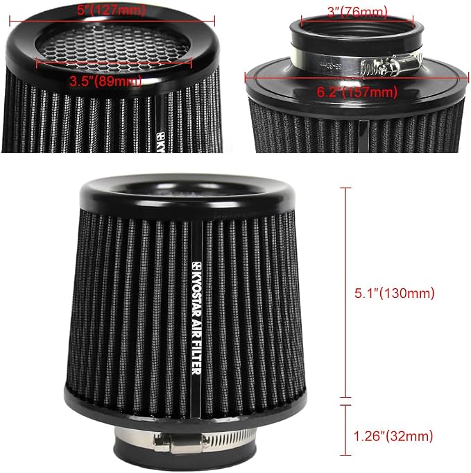 KYOSTAR Universal 3" High-Flow Air Filter, Reusable Cone Cold Air Intake - Image 2
