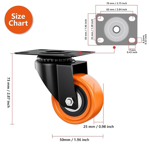 2" Swivel Plate Casters Set of 8 Heavy Duty 400 lbs | Orange PU, Non-Marking - Image 2