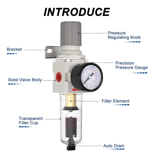AIRZOE 1/4"NPT Air Filter Regulator Combo Piggyback, 5 Micron Brass Element - Image 3