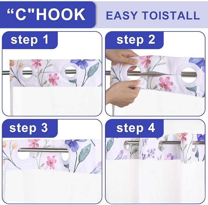 No Hook Shower Curtain Set with Snap in Fabric Liner for Bathroom,with See Through Top Window,Double Shower Curtain with Detachable Liner Replacement,Machine Washable,Flowers,71"x 74"